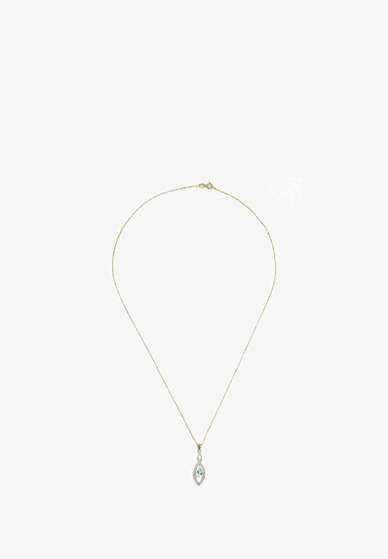 Goldene Kettenhalskette mit einem marquiseschönen Anhänger, der mit einem hellblauen Edelstein verziert ist, umrahmt von einem silbernen Rahmen und kleinen klaren Akzenten.