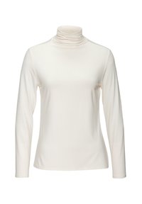 Kreemikas värviga pika varrukaga turtleneck särk, mis on valmistatud pehmest kangast ja millel on sile tekstuur; omab kõrget volditud kraed ja selget lõiget.