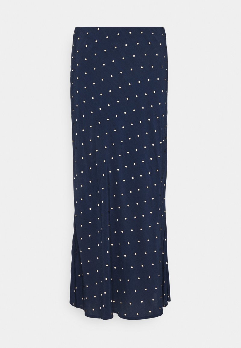 Jupe midi bleu marine à pois blancs, coupe droite avec un léger évasement en bas.