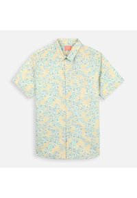 Chemise à manches courtes avec boutons de couleur jaune clair à motif floral bleu. Fabriquée en tissu léger, elle dispose d'un col et d'une poche poitrine.