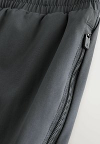 Grijze sportieve korte broek met een elastische tailleband, uitgerust met een ritssluiting en gemaakt van soepel, lichtgewicht stof met een lichte glans.