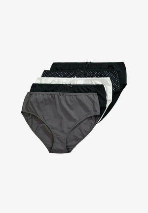 Vier Paare Damen-Cottonslips in Grau, Schwarz, Weiß und mit Punkten, ausgestattet mit weichen, elastischen Bündchen und dekorativen Schleifen.
