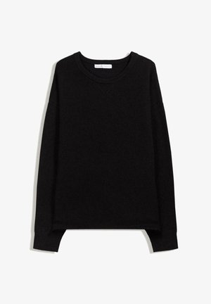 Fekete kötött pulóver kerek nyakkivágással, hosszú ujakkal és bordázott mandzsettával. A nyakán egy diszkrét V-varrási mintázat található. Puha tapintású.