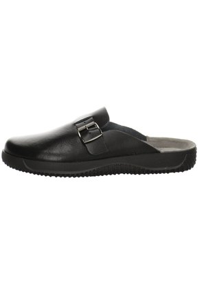 Schwarze Lederclogs mit quadratischer Zehenform, seitlichem Schnallen-Detail und strukturiertem Gummisohle für besten Halt. Offenes Design an der Rückseite für ein einfaches An- und Ausziehen.