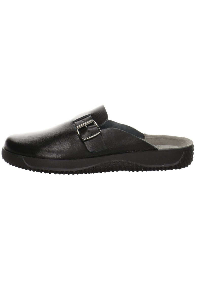 Sorte læderklip med firkantet tå, sidespænde detaljer og tekstureret gummisål for godt greb. Åben ryg design for nem påklædning.