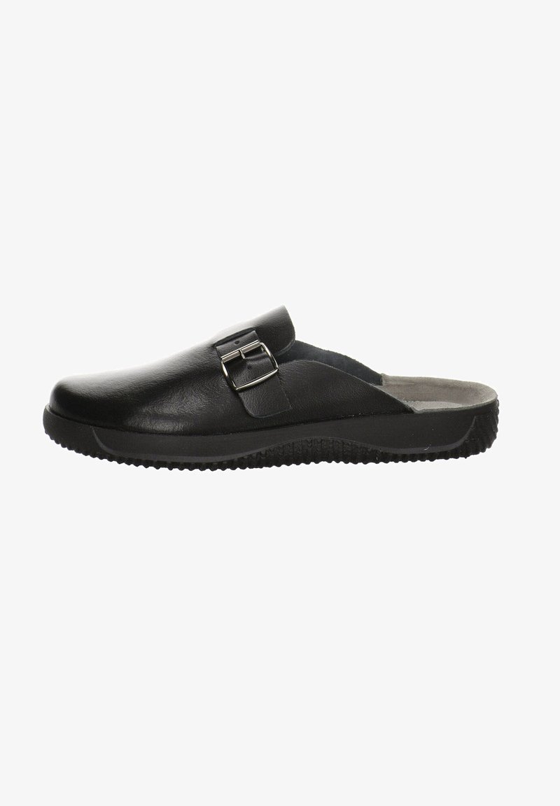 Schwarze Lederclogs mit quadratischer Zehenform, seitlichem Schnallen-Detail und strukturiertem Gummisohle für besten Halt. Offenes Design an der Rückseite für ein einfaches An- und Ausziehen.