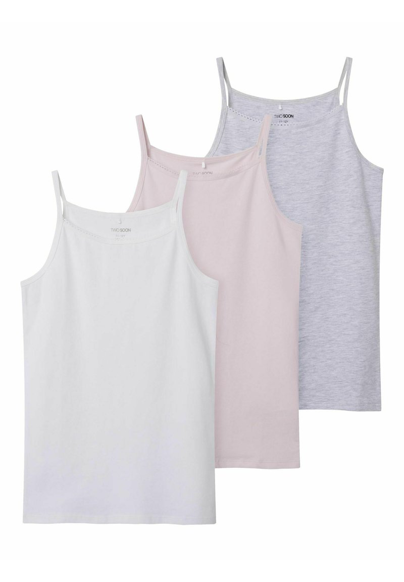 Trois débardeurs en blanc, rose clair et gris. Fabriqués en coton, avec des bretelles fines et une texture douce, au design basique.