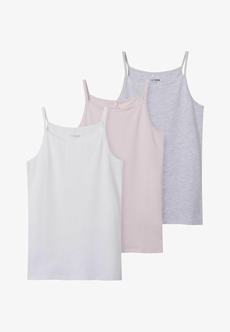 Tre tanktoppe i hvid, lys pink og grå. Lavet af bomuld, med tynde stropper og en blød tekstur i et enkelt design.