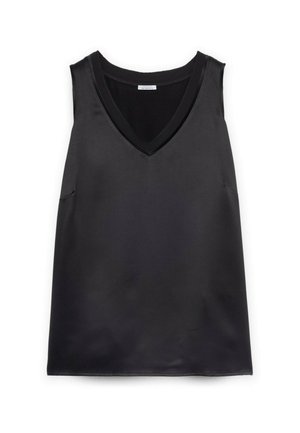 Haut sans manches en satin noir avec un décolleté en V, présentant une texture lisse et un design minimaliste. Aucune fermeture ni motif visibles.