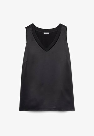 Top negru din satin, fără mâneci, cu decolteu în V, având o textură netedă și un design minimalist. Fără închideri vizibile sau modele.