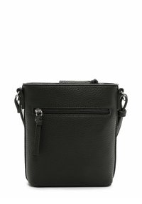 Schwarze Leder-Crossbody-Tasche mit strukturiertem Finish, versehen mit einer vorderen Reißverschlusstasche und einem abnehmbaren Tragegurt. Kompakte quadratische Form.