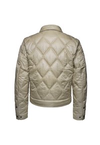 Béžová prošívaná bunda s diamantovým vzorem, elastickým lemem a zapínáním na knoflíky na rukávech. Hladký syntetický materiál s límcem. Pohled ze zad.