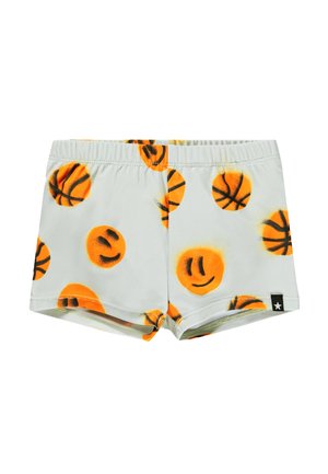 Jasnoszare szorty z elastycznym paskiem, ozdobione pomarańczowymi piłkami do koszykówki i uśmiechniętymi buźkami, z małą czarną gwiazdką.