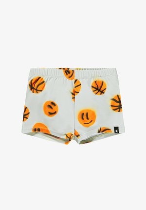 Jasnoszare szorty z elastycznym paskiem, ozdobione pomarańczowymi piłkami do koszykówki i uśmiechniętymi buźkami, z małą czarną gwiazdką.