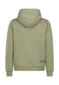 Olijf groene hoodie met kangoeroezak, trekkoord bij de capuchon, ribbelboorden en -zoom, en een grafische print aan de onderzijde links.