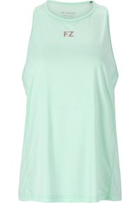 Ljusgrön ärmlös träningstopp tillverkad av fukttransporterande tyg. Har en rund halsringning och diskreta sömmar på sidorna, med en logotyp framtill.