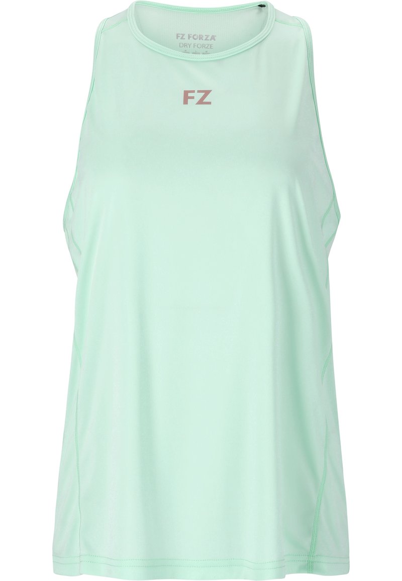 Ljusgrön ärmlös träningstopp tillverkad av fukttransporterande tyg. Har en rund halsringning och diskreta sömmar på sidorna, med en logotyp framtill.