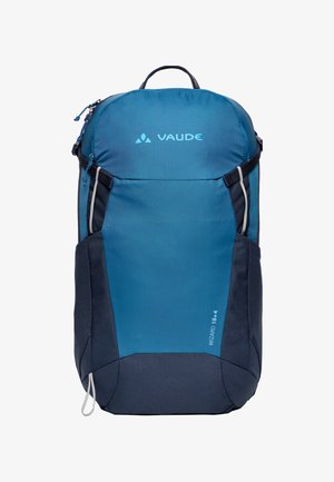 Mochila de senderismo Vaude Wizard 18+4 en azul y azul marino oscuro con asa superior y bolsillo delantero con cremallera.