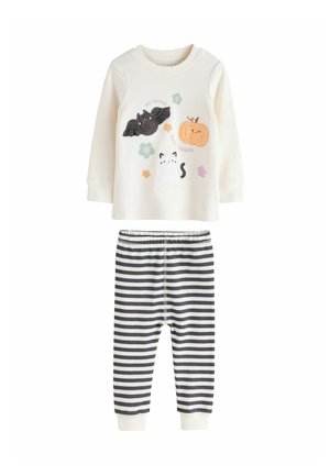 Cream long-sleeve shirt with bat, pumpkin, cat, and flowers paired with black and white striped pants for children.