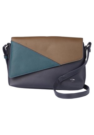 Torba na ramię w trzech kolorach z panelami ze skóry w odcieniach brązu, turkusu i ciemnego niebieskiego oraz regulowanym paskiem na ramię.