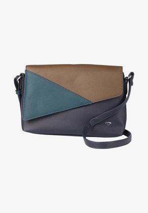 Torba na ramię w trzech kolorach z panelami ze skóry w odcieniach brązu, turkusu i ciemnego niebieskiego oraz regulowanym paskiem na ramię.