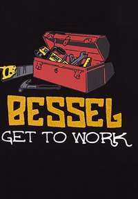 La camiseta negra presenta una caja de herramientas roja con varios utensilios, incluidos elementos amarillos y plateados. El texto dice "BESSEL A TRABAJAR" en colores llamativos.