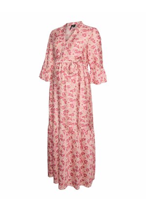Lyserød blomsterprintet maxikjole til gravide med trekvartlange klokkeærmer, V-hals og bundet taljebånd.