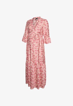 Robe maxi de maternité florale rose avec manches cloche trois-quarts, col en V et ceinture nouée à la taille.