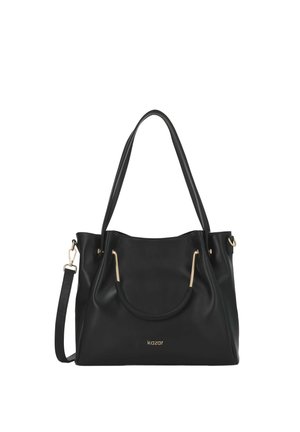 Sac à main en cuir noir avec deux longues anses, une bandoulière amovible, des détails métalliques dorés et le nom de la marque "kazar" à l'avant.