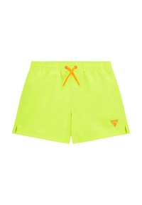 Pantaloni da nuoto verde neon con coulisse arancione, vita elastica e fessure laterali; presenta una toppa con logo triangolare nella parte inferiore frontale.