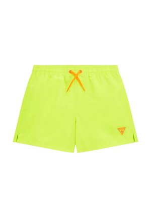 Pantaloni da nuoto verde neon con coulisse arancione, vita elastica e fessure laterali; presenta una toppa con logo triangolare nella parte inferiore frontale.