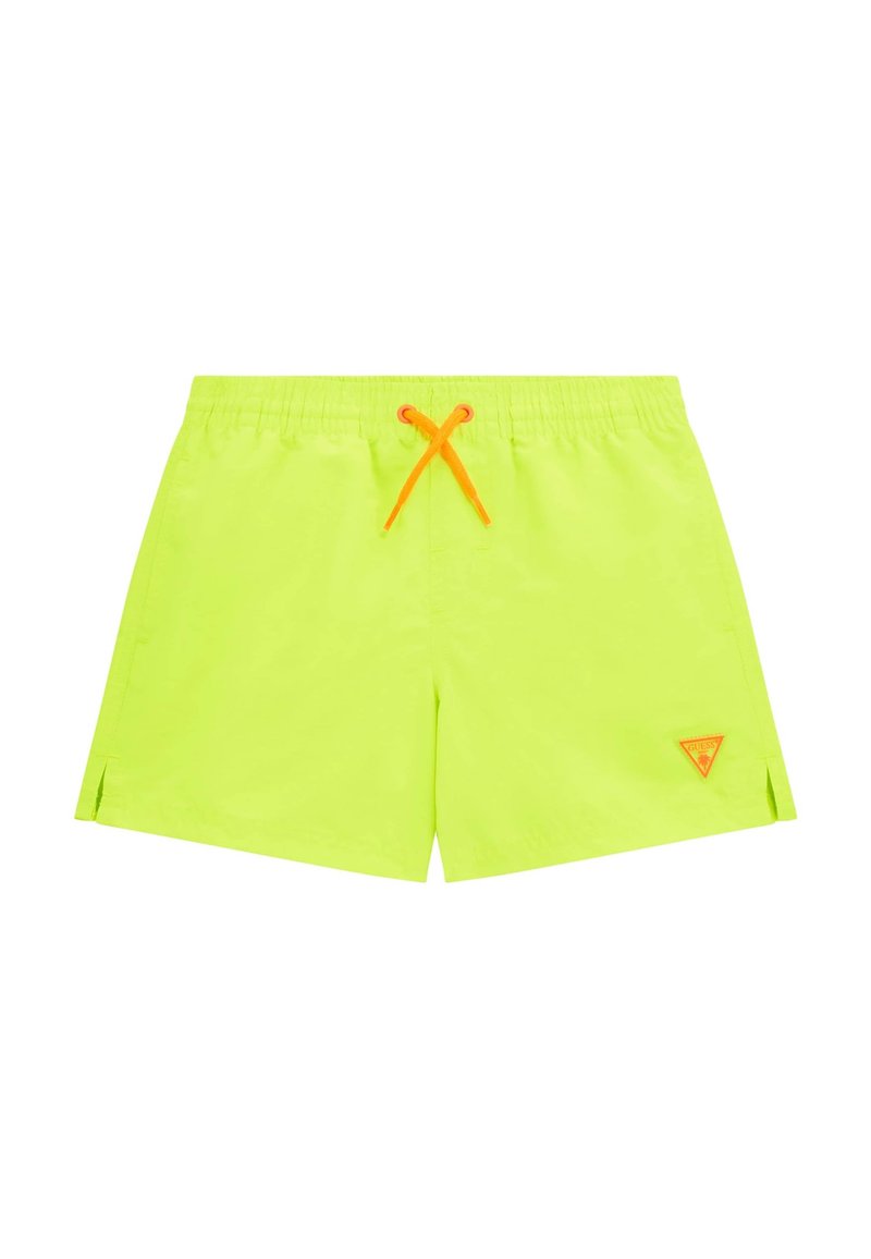 Pantaloni da nuoto verde neon con coulisse arancione, vita elastica e fessure laterali; presenta una toppa con logo triangolare nella parte inferiore frontale.