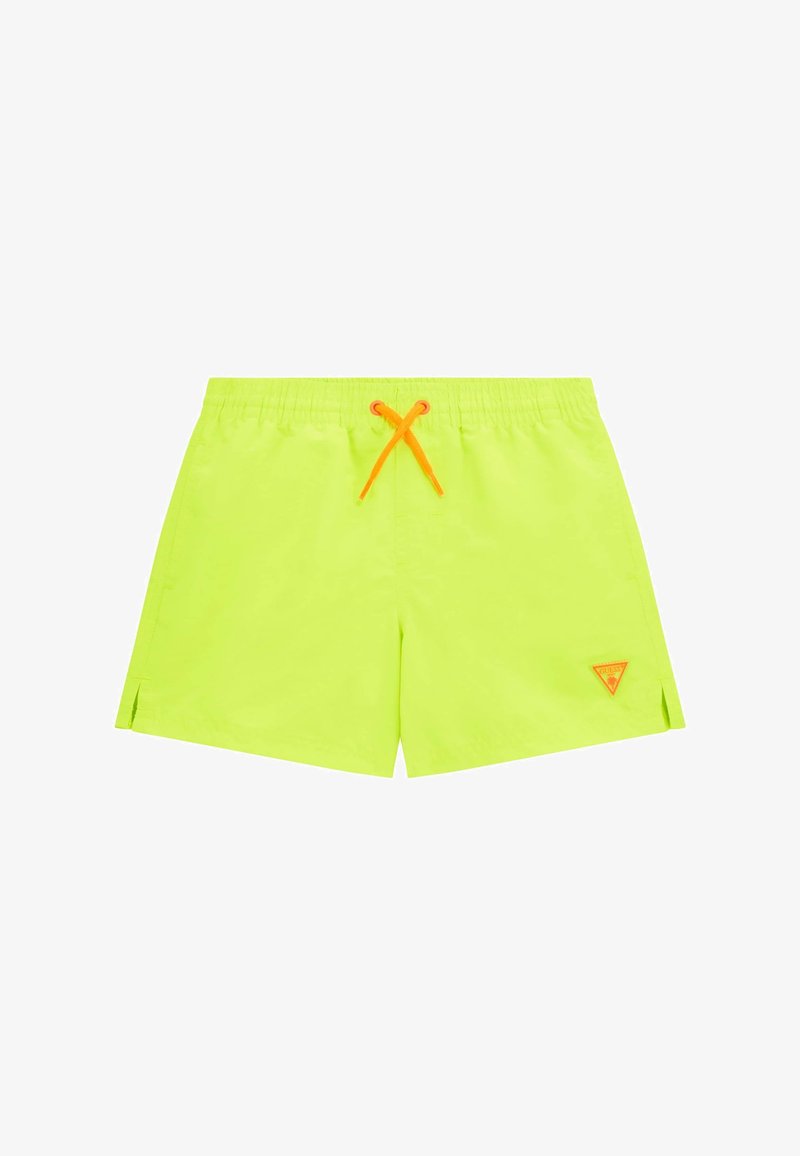 Pantaloni da nuoto verde neon con coulisse arancione, vita elastica e fessure laterali; presenta una toppa con logo triangolare nella parte inferiore frontale.