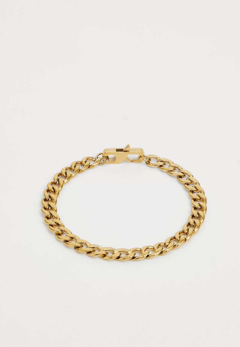 Gold chain bracelet featuring chunky links with a shiny finish and a secure clasp closure. Smooth texture with uniform, rounded shapes.