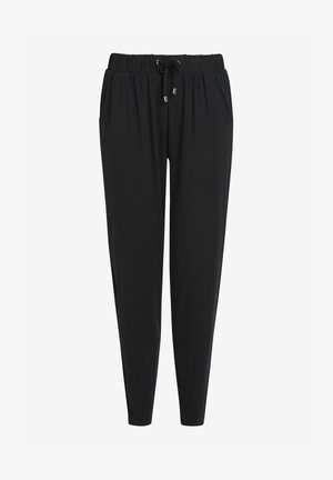 Schwarze, taillierte Jogginghosen aus weichem Stoff, mit einem elastischen Bund und verstellbarem Kordelzug sowie seitlichen Taschen.