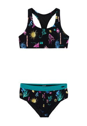 Maillot de bain deux-pièces noir avec des motifs abstraits colorés d'algues marines et de soleil, doté d'un haut dos nageur et d'une ceinture turquoise sur le bas.
