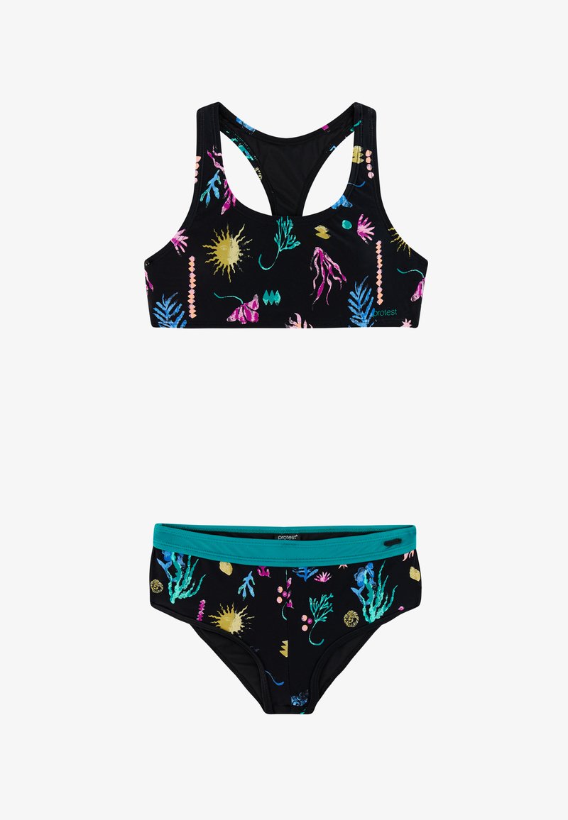 Maillot de bain deux-pièces noir avec des motifs abstraits colorés d'algues marines et de soleil, doté d'un haut dos nageur et d'une ceinture turquoise sur le bas.
