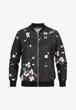 Veste bomber noire zippée avec col et poignets côtelés, ornée de petits motifs floraux roses, blancs et bleus dispersés.