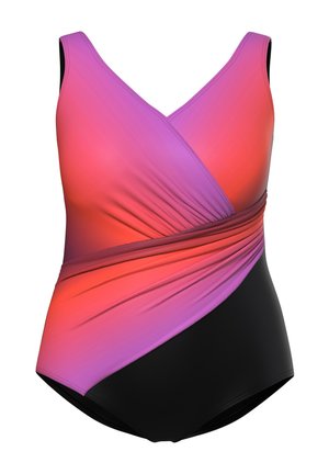 Jednodílné plavky s výstřihem ve tvaru V a křížovým designem. Gradientní barva přechází z růžov é do fialové, s pevným černým spodním dílem.