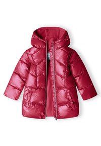 Rød, blank dunjakke med hætte. Har lynlås foran, quiltet design og to forlommer. Blødt indvendigt for.