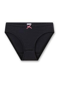 Schwarze Baumwollbikini-Brief mit elastischem Bund, ausgestattet mit einem kleinen rosa Schleifendetail an der Vorderseite und kontrastierenden Nähakzenten.