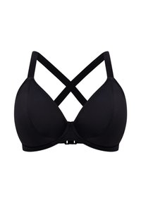 Sujeción negra con copas acolchadas y triangulares y tirantes ajustables. Cuenta con tirantes cruzados para mayor soporte y cierre de gancho y ojo en la parte posterior.