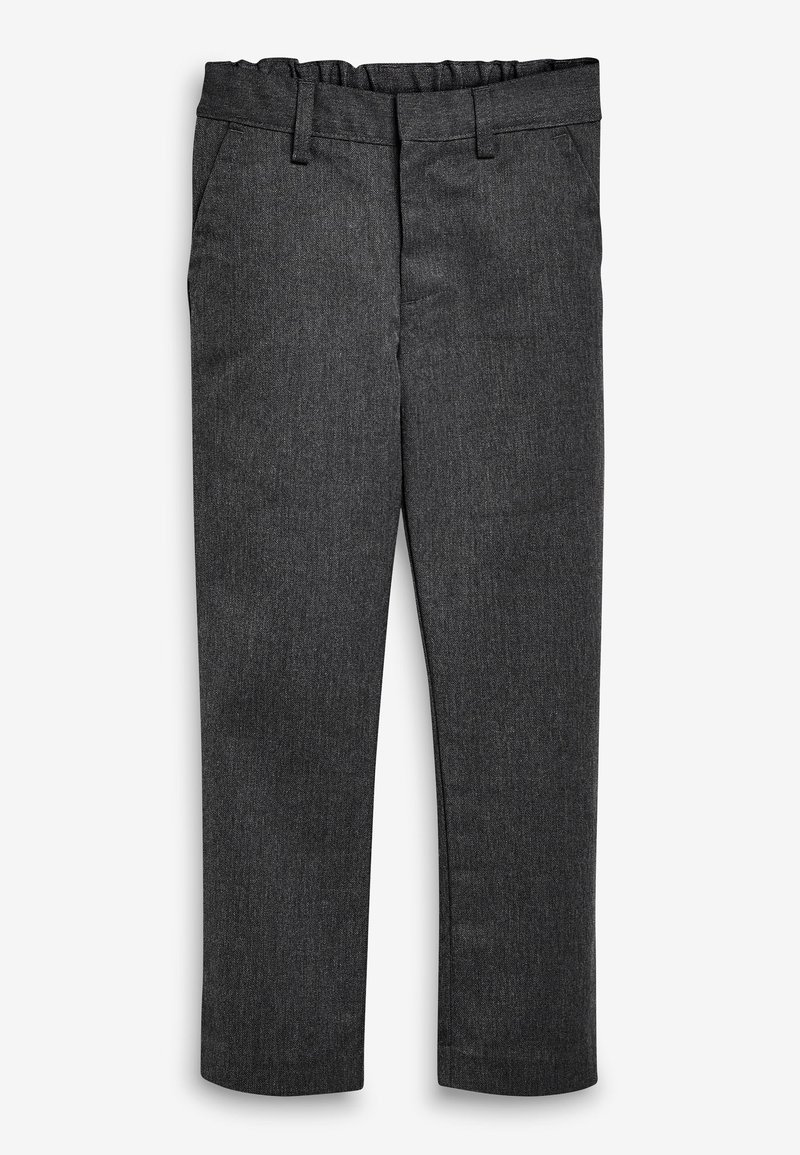Pantaloni tailored grigio scuro con una texture liscia, cintura elastica, due tasche anteriori e gambe a taglio dritto.