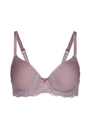 Kanten en zachte stoffen beha in licht mauve, met gladde cups, verfijnde kantafwerking, verstelbare bandjes en een decoratieve centeraccent.