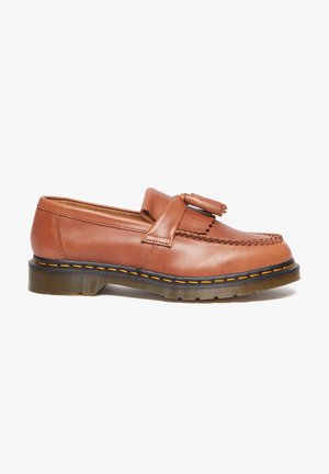 Braune Lederloafers mit Fransenakzent, gestickten Details und einer dicken durchsichtigen Sohle mit kontrastierendem orangefarbenen Rand.