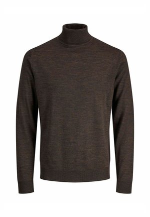 Maglione a collo alto marrone realizzato in un materiale morbido, con maniche lunghe, un collo aderente e una texture liscia senza fantasie.