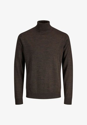 Pruun kaelus-sviiter, mis on valmistatud pehmest materjalist, pikad varrukad, sobiv kaelus ning sujuv tekstuur ilma mustriteta.