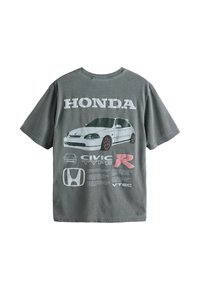 Szürke pamut póló, amelyen egy Honda Civic Type R grafika található, különböző betűtípusokkal a "HONDA", "CIVIC TYPE R" és "VTEC" szövegekkel.