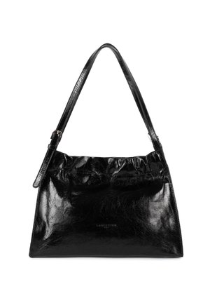 Czarna lakierowana skórzana torba na ramię z pojedynczym regulowanym paskiem i subtelnym tłoczonym logo na środku przodu.