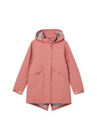 Roze waterdichte jas met een capuchon, voorzien van een drukknoopsluiting, twee voorzakken en een grijze voering. Gladde textuur en op maat gemaakt ontwerp.